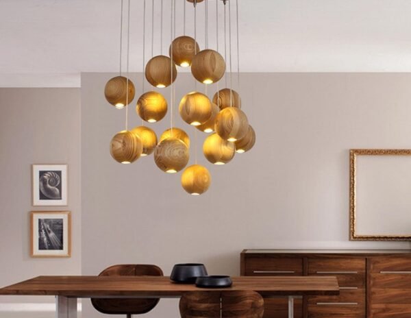 Nordic wood solid wood ball chandelier creative personality living room dining room hanging lamps – Bild 2